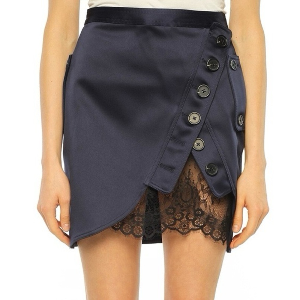 Self-Portrait Navy Satin Mini Skirt with Lace Trim